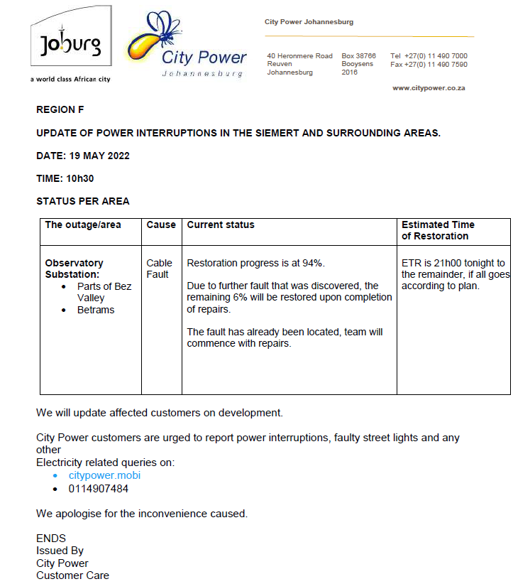 CityPowerJhb's tweet photo. Region f #Siemert

#ObservatoryOutage

94% supply has been restored, the remaining 6% affecting parts of #BezValley will remain off until cable fault is fully repaired. ^DR https://t.co/KqONjg9cew