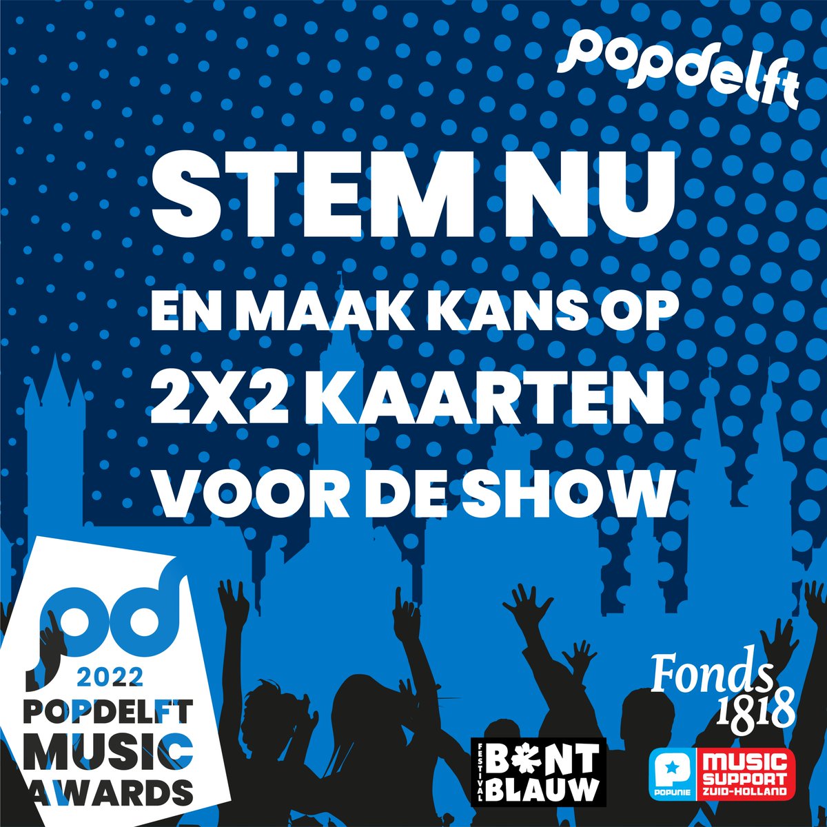 popdelft's tweet photo. Heb jij al gestemd op jouw favorieten? Onder alle stemmers verloten wij 2x2 tickets voor de uitreiking op 15 juni! Vergeet niet je stem te valideren via je email adres - zonder validatie telt je stem niet mee.

#pdma22 #popdelft https://t.co/9uIs8YmZxk