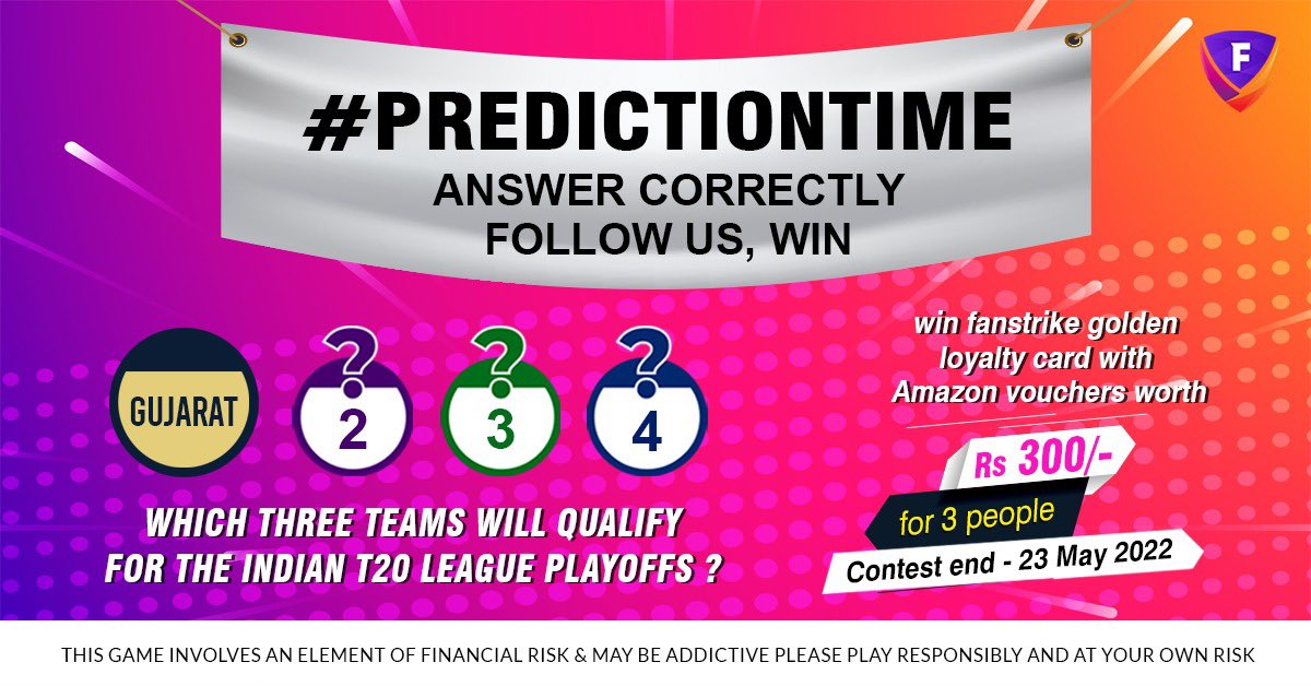 FanStrike_App's tweet photo. It’s time to guess the teams for playoff and win with fanstrike , just predict the teams and follow #fanstrikefantasy
#contestgiveaway #contestindia #CricketTwitter #CricketQuiz #Giveaways #FantasyCricket #ContestEntry #contests https://t.co/bmU6arNWFq