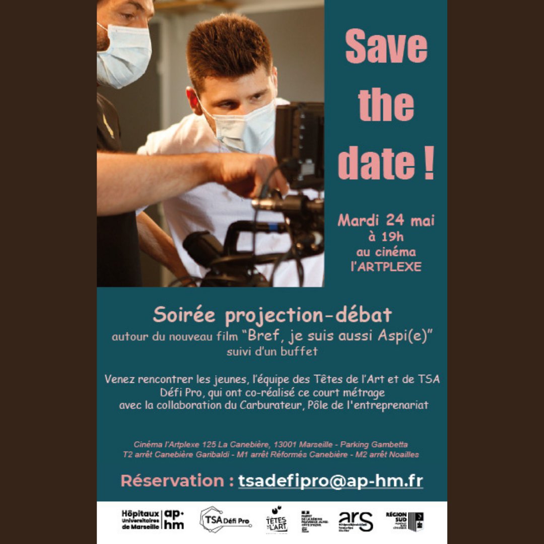 📽 Soirée projection-débat sur le thème « #Autisme et #Emploi » ce 24/05 à 19h (réservation obligatoire) au cinéma #Artplexe #Marseille. Court-métrage « Bref, je suis aussi Aspi(e) » réalisé par les jeunes du service TSA Défi Pro de l'#APHM avec les intervenants de <a href="/tetesdelart/">Les Têtes de l'Art</a>.