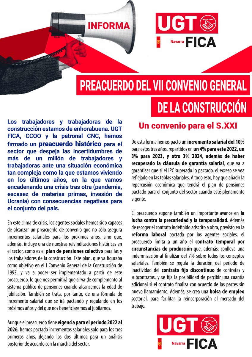 UGTFICANavarra's tweet photo. Este preacuerdo histórico es un primer gran paso para un convenio de la Construcción estatal, seguimos trabajando para el convenio de la Construcción en Navarra https://t.co/md8zhj749X