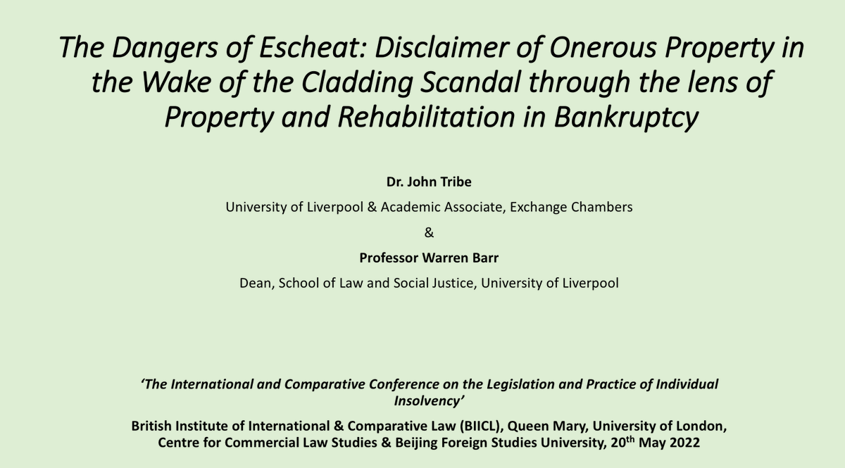 TribeBankruptcy's tweet photo. Looking forward to delivering our paper today @BIICL @QMSchoolofLaw Our focus will be on the rehabilitation & relief functions of #bankruptcy as well as how #escheat determines responsibility for #onerousproperty @LivUniSLSJ @LivUniLawSJ @academicbarzo https://t.co/D2N2m6eEwv