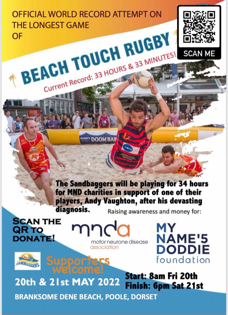Will Greenwood (@willgreenwood) on Twitter photo Good luck to the Sandbaggers
<a href="/worldrecord4MND/">SandbaggersBeachRugby</a> in their epic world record bid to play beach touch rugby for 34 hours to support a teammate with Motor Neurone Disease. Starts Friday 8am at Branksome Dene, Poole. To donate to two great MND charities go to justgiving.com/team/Sandbagge… Good luck to the Sandbaggers
<a href="/worldrecord4MND/">SandbaggersBeachRugby</a> in their epic world record bid to play beach touch rugby for 34 hours to support a teammate with Motor Neurone Disease. Starts Friday 8am at Branksome Dene, Poole. To donate to two great MND charities go to justgiving.com/team/Sandbagge…