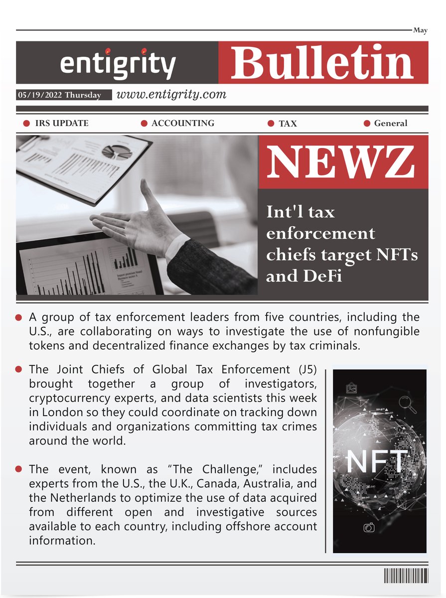 Entigrity Bulletin 19/05/2022
Follow us for daily updates

#taxenforcement #nft #defi #entigritybulletin