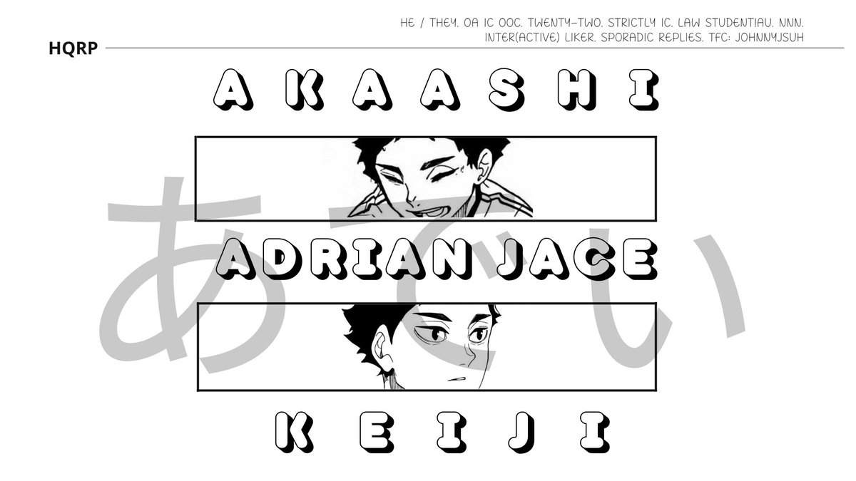 adjacenthues's tweet photo. ㅤ

                 reintroduction [ #hqrp ]
                  akaashi       adi       keiji
                 like   ╱   rt   to  be  mutuals.        

ㅤ https://t.co/ehSRHpnIyt