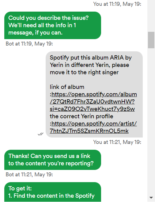 everyone i need help please~!

#ARIA EP on Spotify is in the wrong Yerin, please help to report the issue :

1. support.spotify.com/us/contact-spo… > log in > start messanging
2. choose 'Help with something else' > describe the problem > report incorrect content > describe the issue