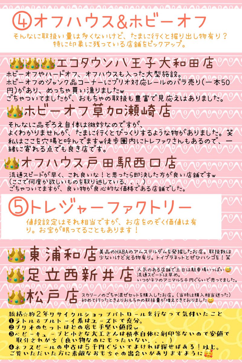ninoco0912's tweet photo. ワイの独断と偏見、リサイクルショップパトロールまとめをようやく作りやした、、、w
知育玩具のみの独断と偏見(個人見解)なので、あくまでもご参考で！しかもほぼ１年前までの情報です😅
ご意見苦情は受け付けません。あしからず。
でも誰かのお役になれば嬉しいナ😃 https://t.co/S6s1pPViBv