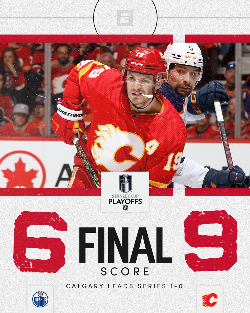 espn's tweet photo. Game 1 goes to the Flames ♨️

Matthew Tkachuk put up a hat trick and helped Calgary match its playoff record for goals! https://t.co/NkUMYXgyGq