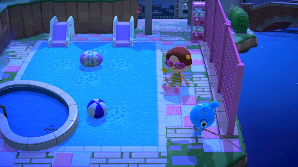 kittenmod's tweet photo. I made a pool area!! tile art was done by hand<3  i genuinely love the design app, It's really fun to use #AnimalCrossing #ACNH #NintendoSwitch https://t.co/FwaznOBTez