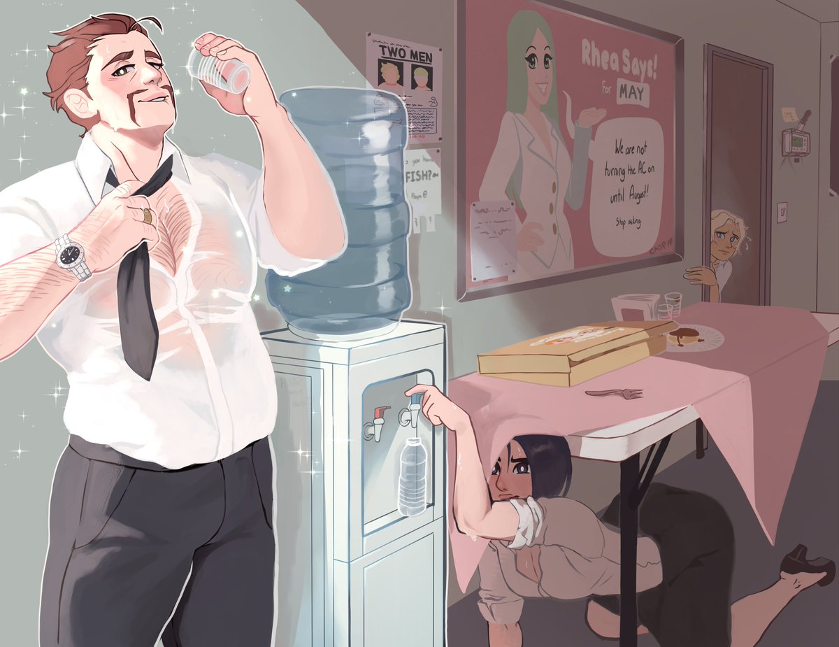 philiatrix's tweet photo. EYY it's may, the weather is getting hot, the office is getting steamy, and since rhea won't let anyone use the ac until the heat is bad enough to qualify as an OSHA violation, it's more important than ever to stay hydrated! if you can stand to listen to Alois' fishing stories... https://t.co/udZAoOQ5r8