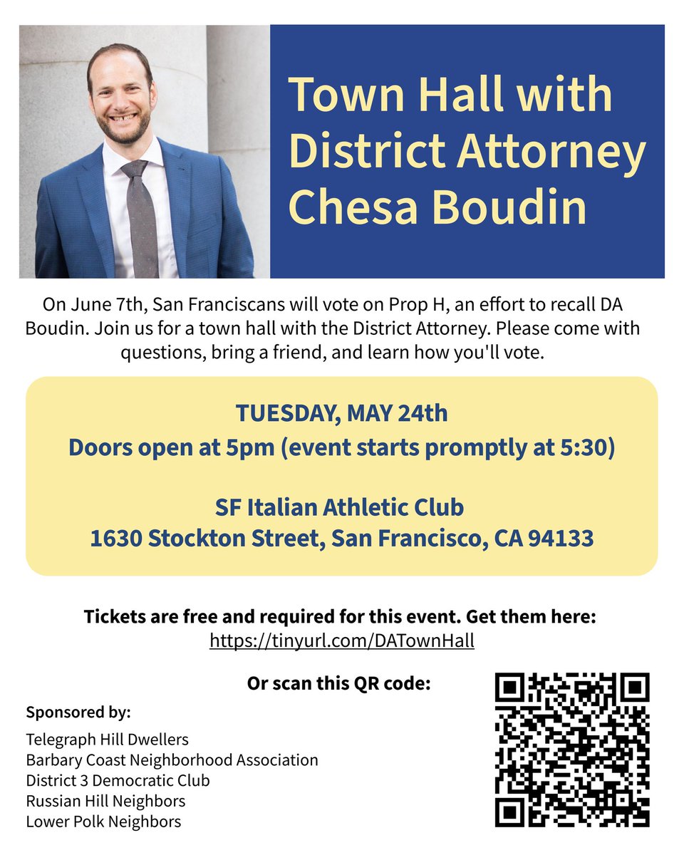 THDwellers's tweet image. Join the Telegraph Hill Dwellers and other neighborhood organizations - Tuesday, May 24, 2022, at 5 pm at the SF Italian Athletic Club for a Town Hall with @chesaboudin. #PropH