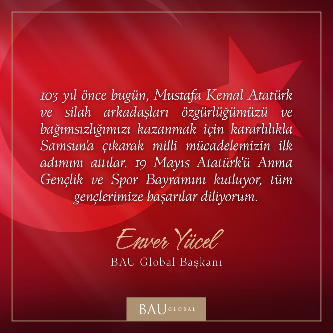 19 Mayıs Atatürk'ü Anma Gençlik ve Spor Bayramı Kutlu Olsun.
