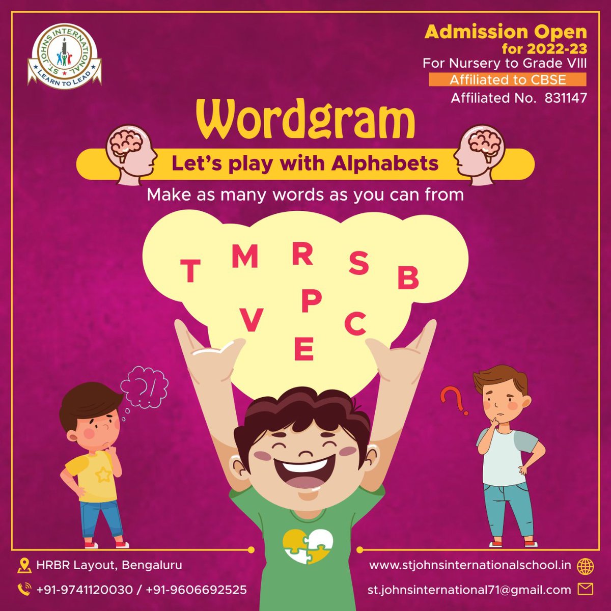 StJohns12345's tweet image. 💡Wordgram✍️💡

🤓 Lets play with Alphabets Now Test your Vocabulary by making more and more words from the given alphabets.

Follow more for more such fun and interactive content  
For more enquiries and information
Call us: 91-9741120030

#wordgram #stjohnsinternationalschool