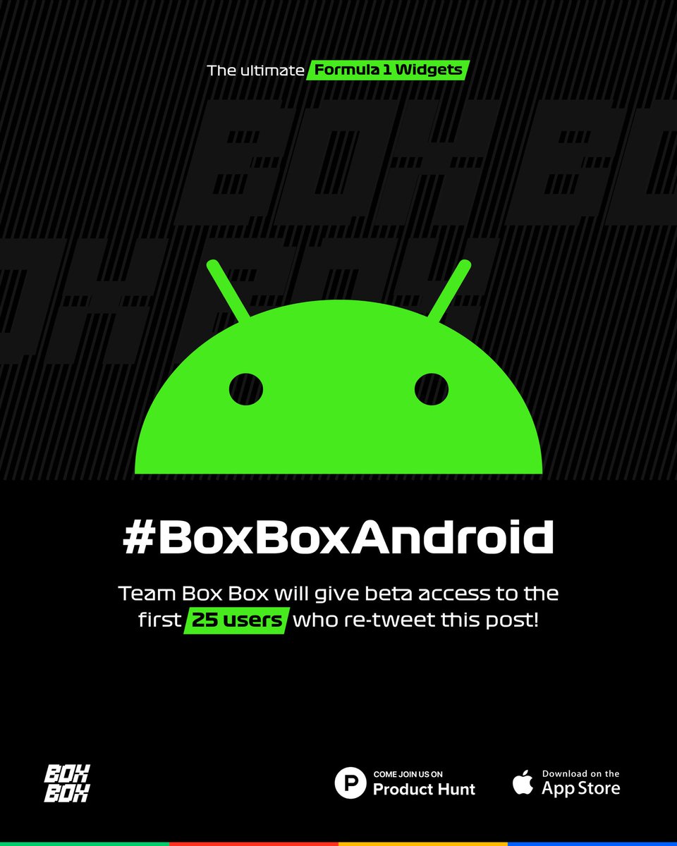 BoxBox_Club's tweet image. Early access to Box Box Android 

We are giving away guaranteed access to the beta! 

To participate:
Like, retweet and tag two friends.

#BoxBoxAndroid #BoxBox #TheUltimateFormula1Widget 

@Kamal_K2 @align_all