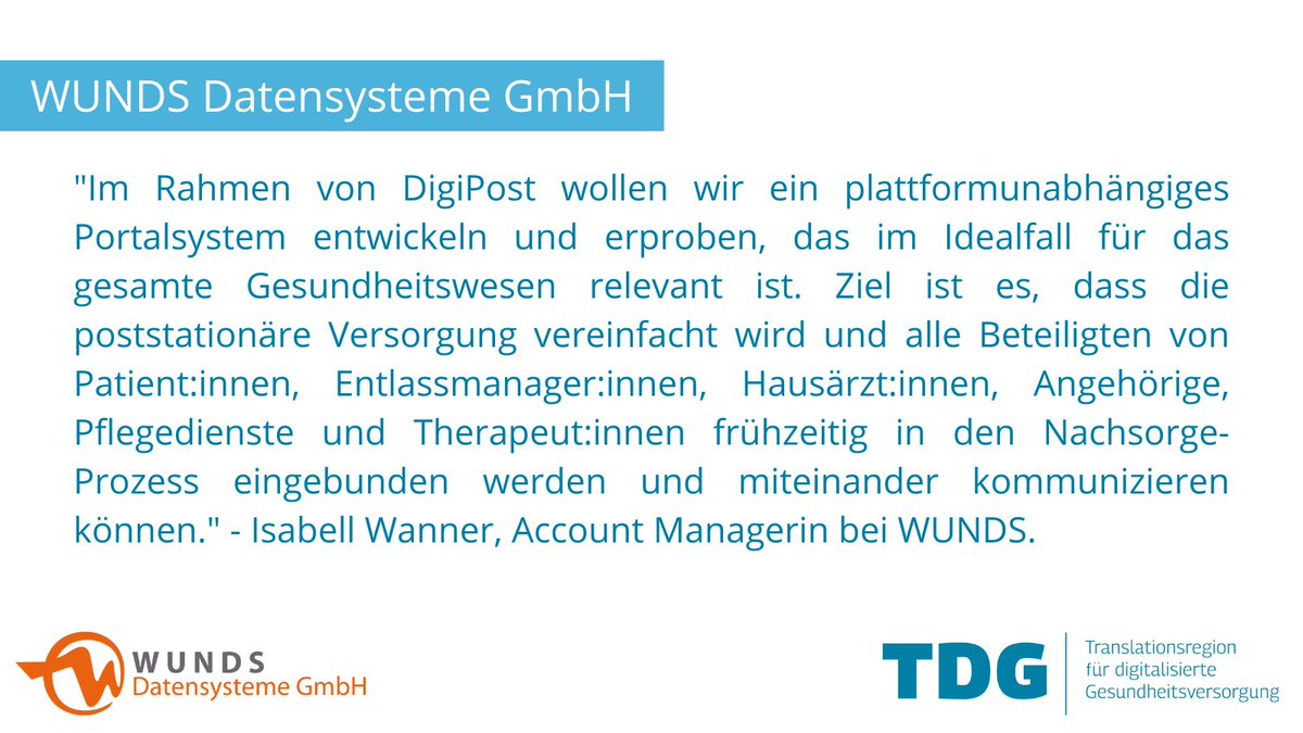 inno_tdg's tweet image. Der TDG-Bündnis:partner @WUNDS_GmbH engagiert sich im Projekt #DigiPost. Bis 2024 soll ein Portalsystem entwickelt werden, das die poststationäre Versorgung vereinfacht. Mehr auf erfahren Sie hier: inno-tdg.de/wunds-ideen-we…