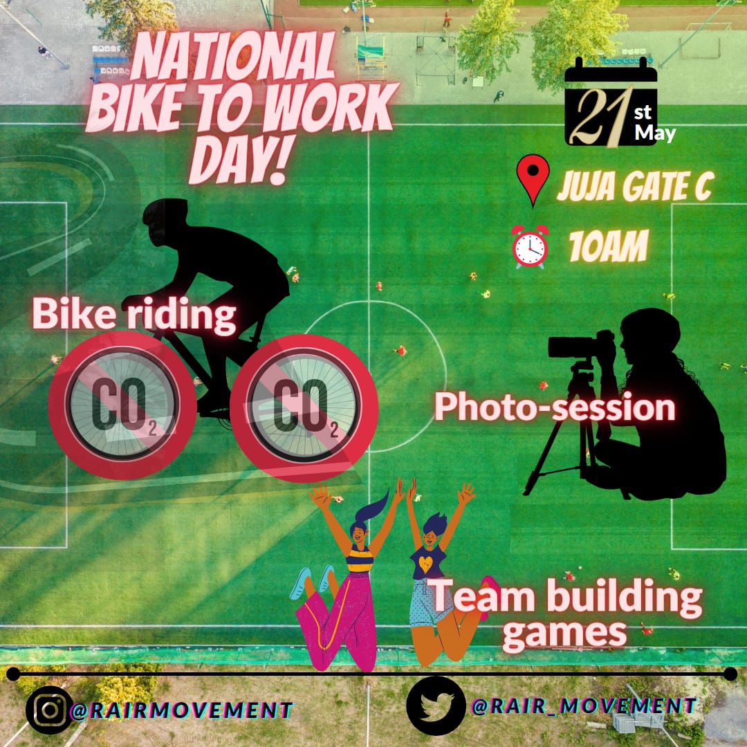 RaiR_movement's tweet photo. On 21 st May we get to the streets to commemorate The International bike- to -work day.
Join us @rairmovement at Juja ,Gatundu road starting from 1hr. hire bikes for at least an hour and bike towards Gatundu road after which there will be games,photo session and much more🥳🥳 https://t.co/aP6SfaVCh3