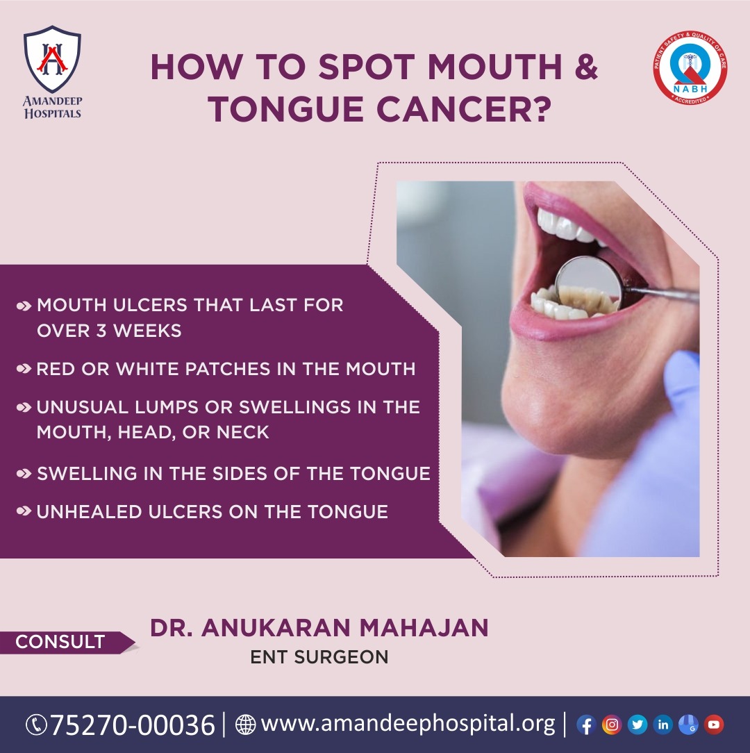 amandeephspl's tweet photo. #OralCancer is often diagnosed at later stages. So, don't let these signs go unnoticed! Early detection gives you the best shot at beating #mouth & tongue #cancer. Book an appointment with #AmandeepHospital’s #ENTSpecialists and get personalized treatment. Give us a call today. https://t.co/bJDFHN2k8F
