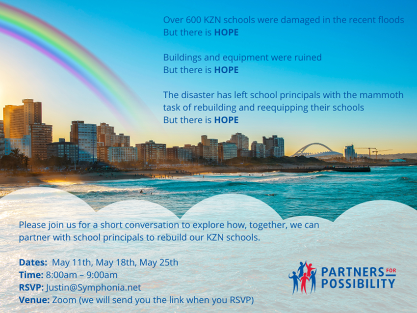 What can we do together to rebuild and restore? Join us for a short conversation to explore how together we can partner with school principals to rebuild our KZN schools. RSVP: Justin@Symphonia.net 

Let us work together to create #TheFutureWeWant