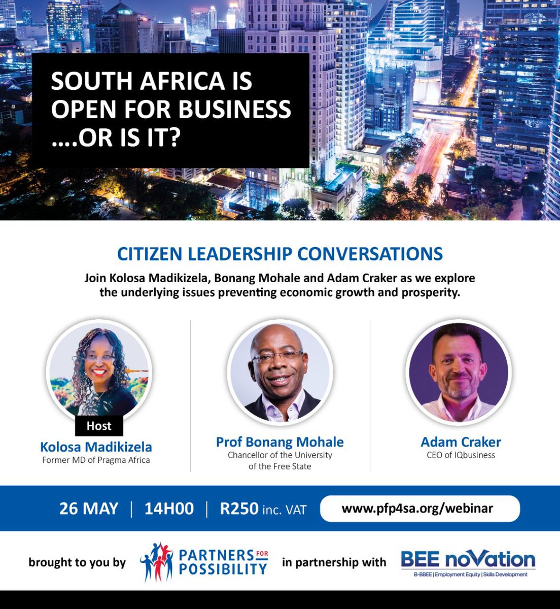 SOUTH AFRICA IS OPEN FOR BUSINESS ....OR IS IT? Join Kolosa Madikizela, Bonang Mohale, and Adam Craker as we explore the underlying issues preventing economic growth and prosperity. Book your seat >>> bit.ly/39thbHR
#BusinessInEducation 
#TheFutureWeWant