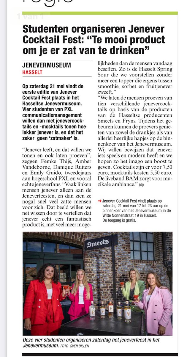 "Mijn" studenten organiseren de 1ste editie van Jenever Cocktail Fest in het <a href="/JeneverBelgium/">Jenevermuseum</a> in Hasselt op 21 mei. Jullie zijn welkom.

<a href="/EventConfedera1/">Event Confederation</a> <a href="/HogeschoolPXL/">Hogeschool PXL</a> #cocktails #jenever