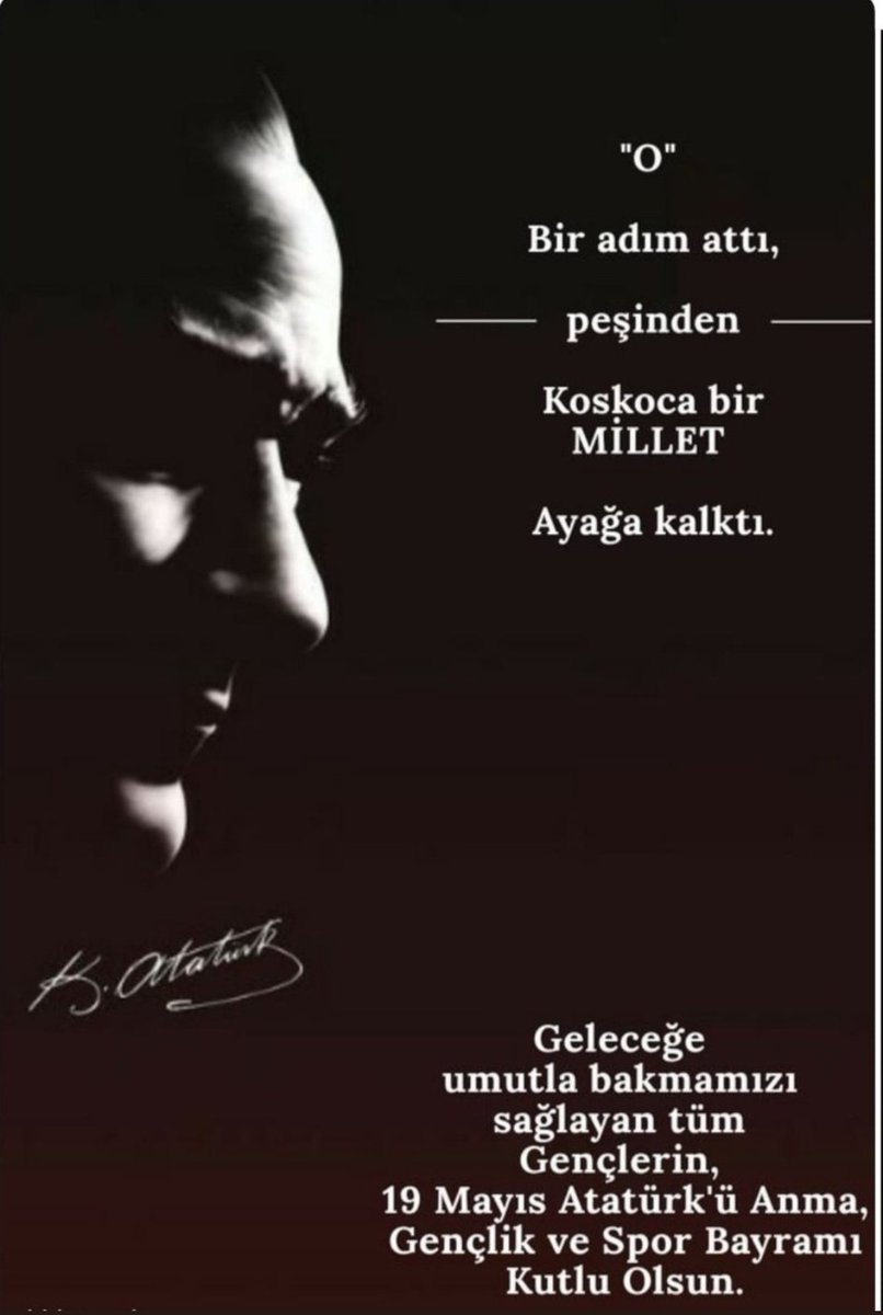 Sen Türk genci!
Ayağa kalk ve uygun adım yürü!
Umutsuzluk sana yakışmaz.
Atatürk 'ün aydınlık yolunda
Bir meşalesin sen..
Haydi kalk ne demişti Ata'n 
Türk, övün, çalış,güven...
#Samsundan #BuBayramSenin