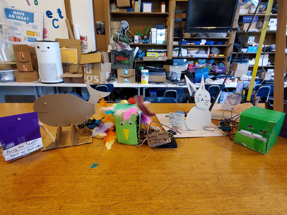 It has been my dream to do the @birdbraintech  #robotpettingzoo in my older kid's classroom since she was in 4th grade. We are finally doing it as they are about to graduate 8th. Here is a preview of a few pets completed for Friday's showcase! #STEAM #physicalcomputing #robotics