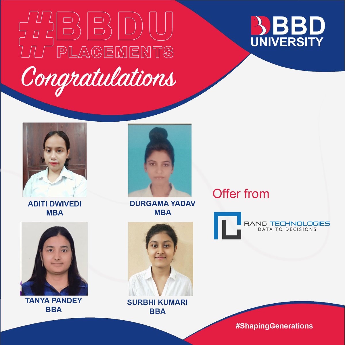 BBD_UNIVERSITY's tweet photo. BBDU Congratulates Ms. Aditi Dwivedi & Ms. Durgama Yadav – MBA batch 2020-22 and Ms. Tanya Pandey & Ms. Surbhi Kumari - BBA batch 2019-22 for the placement offer from #RangTechnologies
#Achievement #placement #bbdu #ShapingGenerations #BBDUplacement #GemsofBBDU #bbdgroup #BTech https://t.co/IrFh3uGLfw