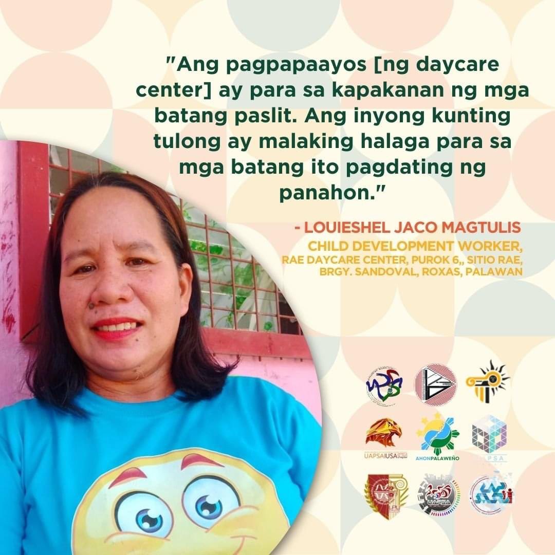 iUpliftPH's tweet photo. ➡️ Sa pagpapatuloy ng ating inisyatiba para sa dalawang daycare center sa Brgy. Sandoval, Roxas, Palawan, narito ang isang mensahe mula kay Ma'am Louieshel, ang child development worker ng Sitio RAE Daycare Center. 

Every ambag matters 💚

#iUpliftPH
#ProjectAmbagan3
#EduAksyon https://t.co/g5ay2JmPZ5
