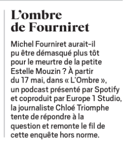 Europe_1_Studio's tweet photo. 📰 Dimanche dernier, dans les #Indiscrets du @leJDD : une invitation à découvrir "L'Ombre", le podcast événement sur l'affaire Estelle Mouzin.
Une contre-enquête signée @chloe8triomphe à découvrir sur @spotifyfrance !
🔊 https://t.co/yRt9kthRaA https://t.co/C4Qc9UUlJZ