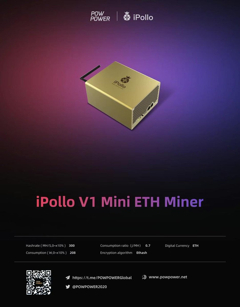 POWPOWER2020's tweet photo. 🍍#iPollo V1 mini ETH Miner 
3380usd
Hashrate:300MH/S 
Comsumption:224W
ROI<300Days 
Purchase link :https://t.co/wHpggNI1KJ

#USDT #Bitmart #Terra #Blackrock #BTC #ETH  #POWPOWER #Cryptocrash #cryptocurrency https://t.co/pt5mj1TYxL