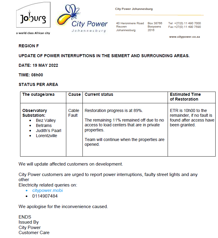 CityPowerJhb's tweet photo. Region F

#OutageUpdate #Observatory

We're still attending to an unplanned power interruption affecting #BezValley #Betrams and surrounds. ^DR https://t.co/RwTmfrWaZ1