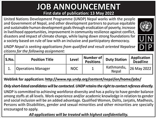 UNDPNepal's tweet photo. 📢Job Alert!
UNDP Nepal is seeking applications from qualified &amp; result oriented Nepalese citizens for a position of 'Operations Manager' with prior experience in national or international level in operations functions.
👉Details: https://t.co/rmeyuuaeKR
🗓️Deadline: 26 May, 2022 https://t.co/VlABl54eoS