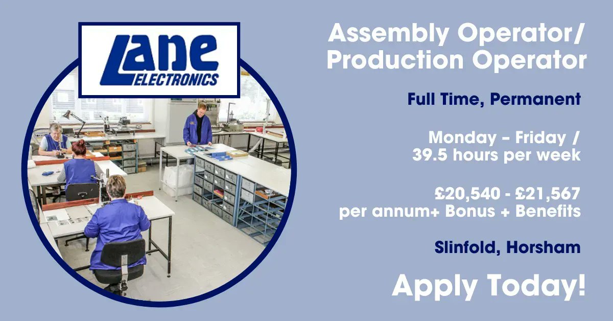 FFRecruitment's tweet image. FC Lane Electronics is looking for an Assembly Operator/Production Operator to join the established and friendly team at our stunning rural location. 

For more info and to apply visit ffr.pub/AssemblyOperat…

#HorshamJobs #AssemblyOperator #ProductionOperator #machineoperator
