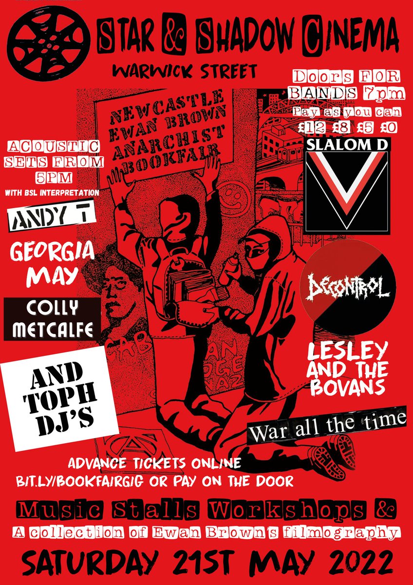 Great line up of performers at the Bookfair, <a href="/StarAndShadow/">Star & Shadow Cinema</a>, 21 May!  
⚡️⚡️5pm afternoon Cafe gig - Colly Metcalfe, Georgia May &amp; Andy T. With BSL interpretation.⚡️⚡️
⚡️⚡️7pm doors for evening punk/ folk gig - <a href="/slalom_d/">Slalom D</a>, Decontrol, War All the Time, Lesley &amp; the Bovans, &amp; <a href="/2toph/">TOPH</a>