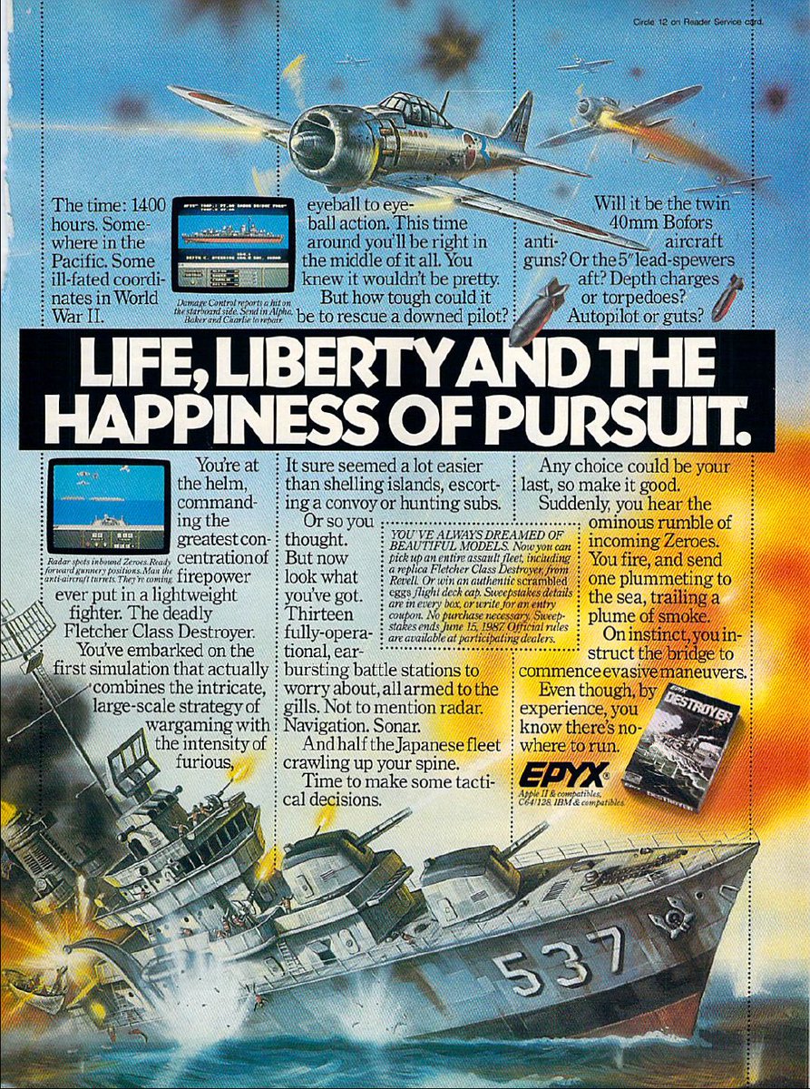 TakodanTweets's tweet image. 1987 ad for the game 'Destroyer' by #Epyx on #AppleII #Commmodore #C64 and #IBM #PC