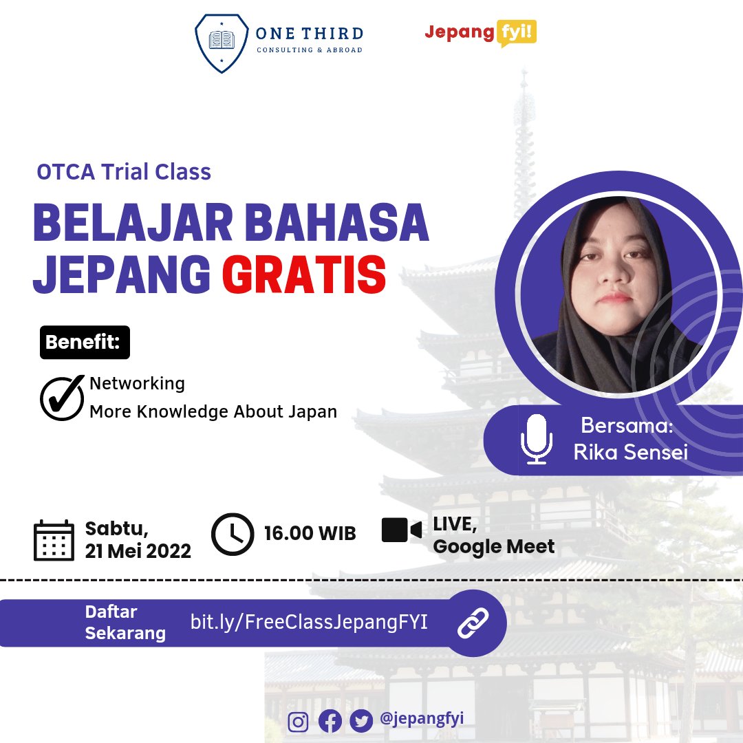 jepangkoey's tweet photo. GRATIS!
Yuk, Join kelas trial bahasa Jepang secara gratis! Mau join?tinggal registrasi di https://t.co/eQWpbYVDYM. Buruan!! Seat terbatass!! 🔥
Catat tanggal waktunya besitie 📝.
Live at google meet 💻 dan dapatkan benefitnya 😊.
#Japanese #learningJapan https://t.co/e9b9fiDqeM
