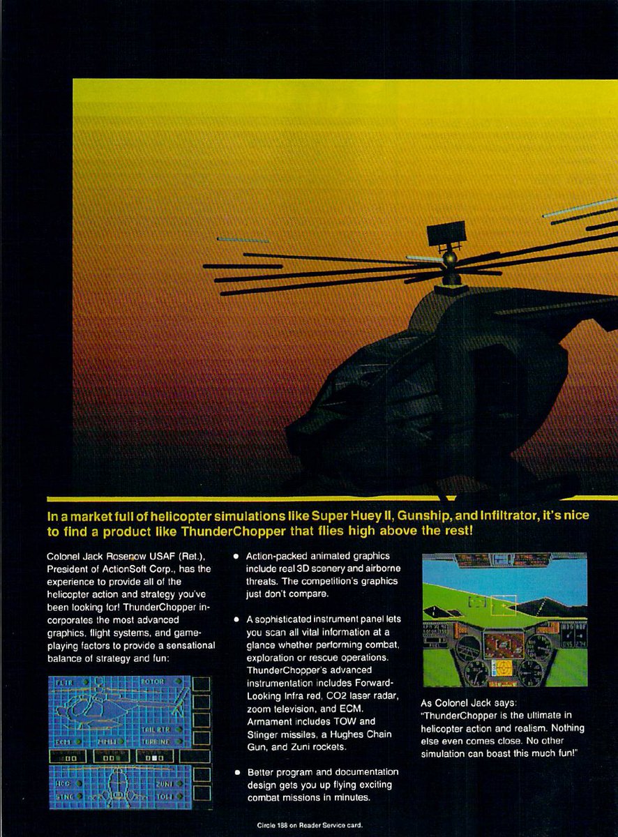 TakodanTweets's tweet photo. 1987 two page advert for 'ThunderChopper' by #SubLogic and 'Periscope' by #Actionsoft https://t.co/YZo5et02ia