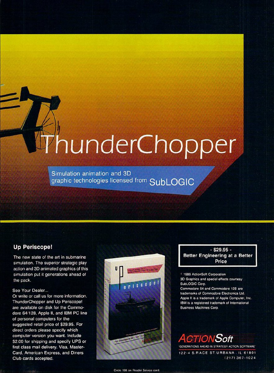 TakodanTweets's tweet photo. 1987 two page advert for 'ThunderChopper' by #SubLogic and 'Periscope' by #Actionsoft https://t.co/YZo5et02ia