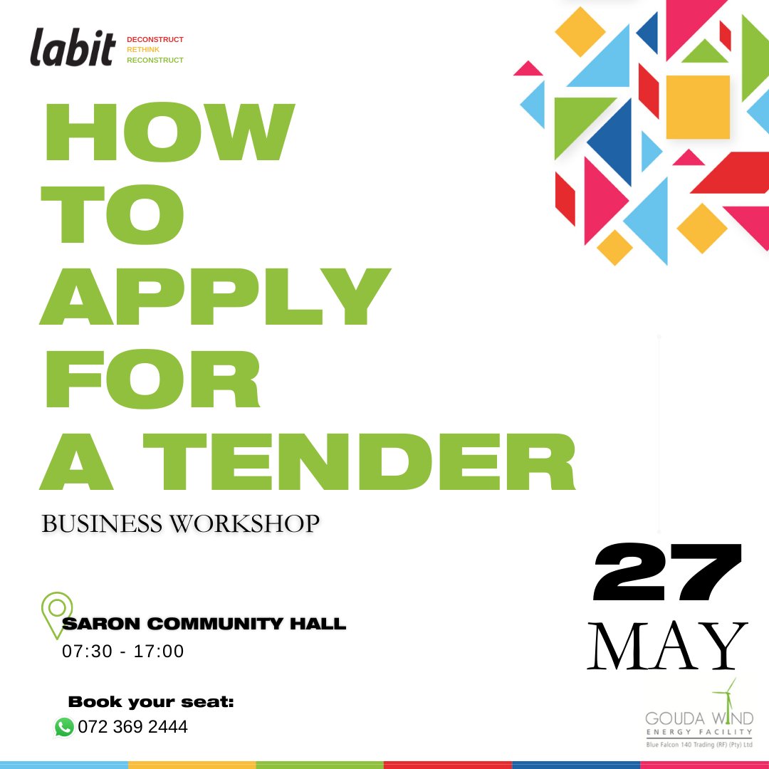 labit_sa's tweet photo. Are you wondering what the tender application process entails? 👩🏽💻👨🏾💻
We present the A - Z re-tender applications.
WHAT📣: Tender application workshop
WHEN🗓: Friday 27 May 2022
WHERE🏫: Saron Community Hall
TIME ⏲️: 07:30 - 17:00
#LabitSA #JoinUs #LabitTenderWorkshop https://t.co/SzU44k3uol