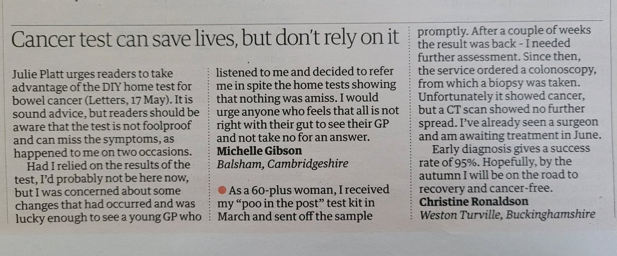 Jo_WallerPhD's tweet photo. Two letters in today's @guardian neatly illustrating the value of cancer screening and the need to seek help for symptoms even if the test is negative. Important public health message that screening is never perfect https://t.co/pGTKdTJBoX