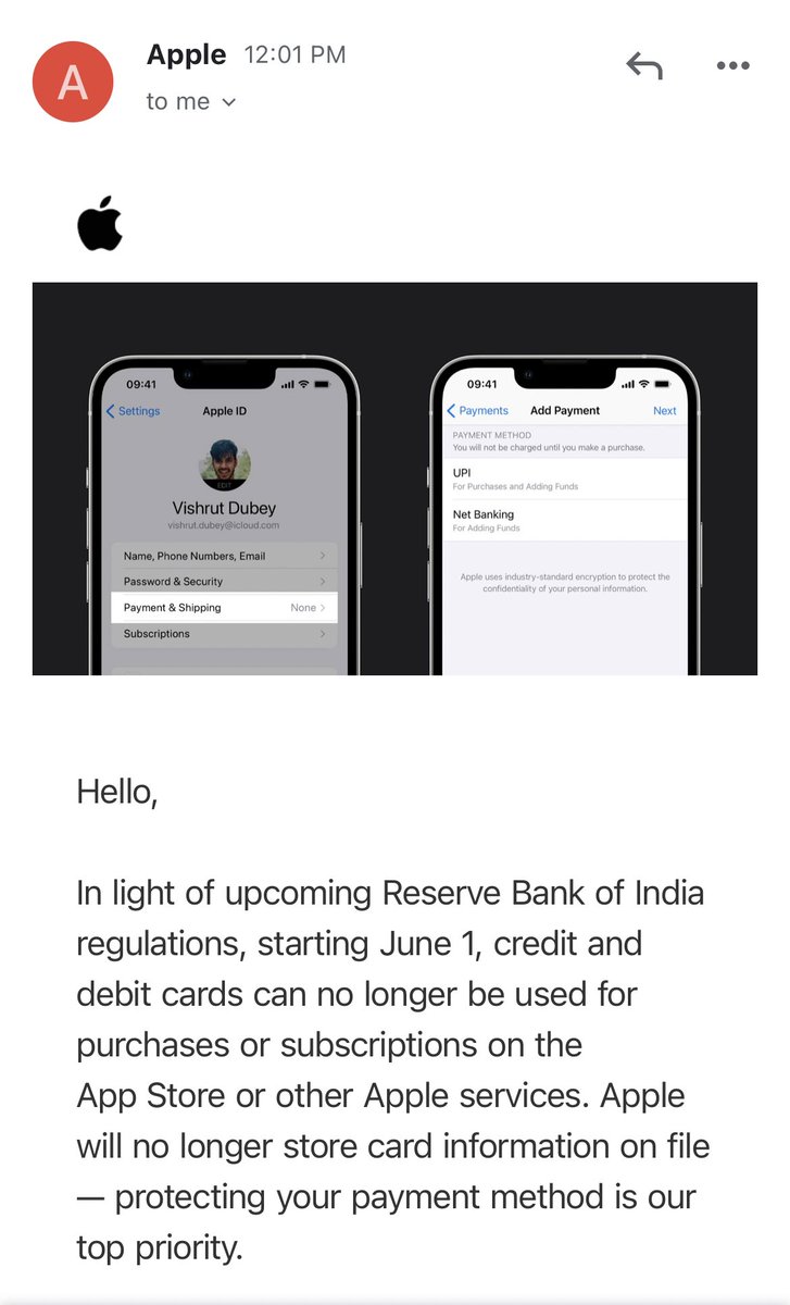 No more Indian credit cards on Apple. 

The most valuable company in the world with services revenue in the billions of dollars every year has decided that even with its infinite resources that it’s not worth complying with India’s new mandate on subscriptions. 

Thank you RBI 🙏