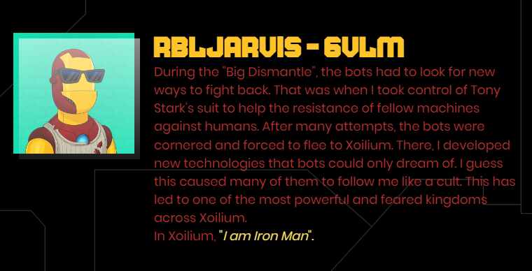REBEL_BOTS's tweet photo. Does your 🤖Bot have a story to tell?

Today we meet RBLJARVIS - Factory Code 6VLM 

🌟If you want to give your bot a story remember you can do so here: https://t.co/nD6EtLeUPR 

#PlaytoEarn #P2E https://t.co/m22gn3o9GE