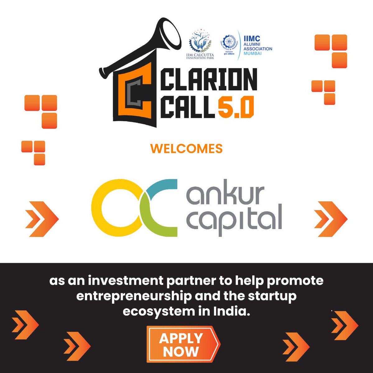 We welcome <a href="/ankurcapital/">Ankur Capital</a> as our investment partner for Clarion Call 5.0. 
We believe that our combined efforts can help promote entrepreneurship in the start-up ecosystem in India.
.
Don’t miss the opportunity
Apply Now bit.ly/Clarion-Call 
 .
 #ClarionCall5 #FundRisingIndia