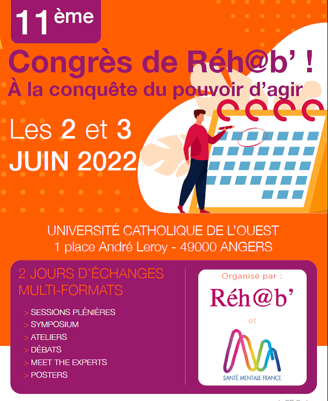 Réh@b’, Santé Mentale France et le CReHPsy Pays de la Loire ont hâte de vous retrouver les 2 et 3 juin 2022 à Angers pour le 11e Congrès ayant pour thème le #Pouvoirdagir. Pour consulter le programme : cutt.ly/OHRyVyu Pour s’inscrire : cutt.ly/iHRy4Mt