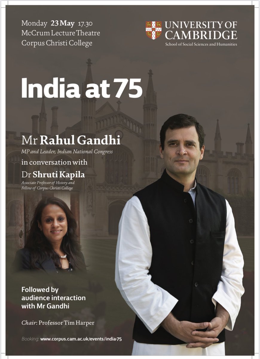 LutyensMediaIN's tweet photo. Sh. Rahul Gandhi will address &amp; interact at Cambridge University on “India at 75���, the challenges and way ahead for a resilient-modern India.⁦ https://t.co/1huPbmMxKz