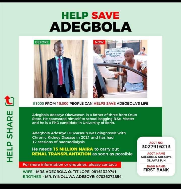 good morning sir/ma, Adegbola is a friend who needs our help, nothing is too small or too much to help save his life. may we not fall sick in Jesus name. please help retweet as much as possible. @ProfOsinbajo @DONJAZZY @Olamide @larmmy @Valhalla_X0 @BEAUTYA85805144 @AgboRuth1
