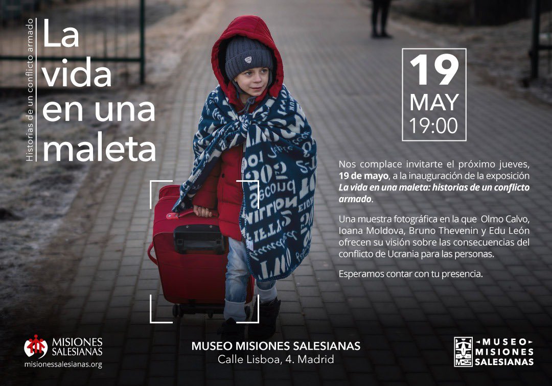 icmoldovan's tweet photo. If you are in Madrid, starting May 19th, you can visit the photo exhibition "Life in a Suitcase: Stories of an Armed Conflict" at the Missiones Salesianas Museum. 
It is featuring works by Edu Leon, Olmo Calvo, Bruno Thevenin and yours truly. https://t.co/tgK8EFOWOL