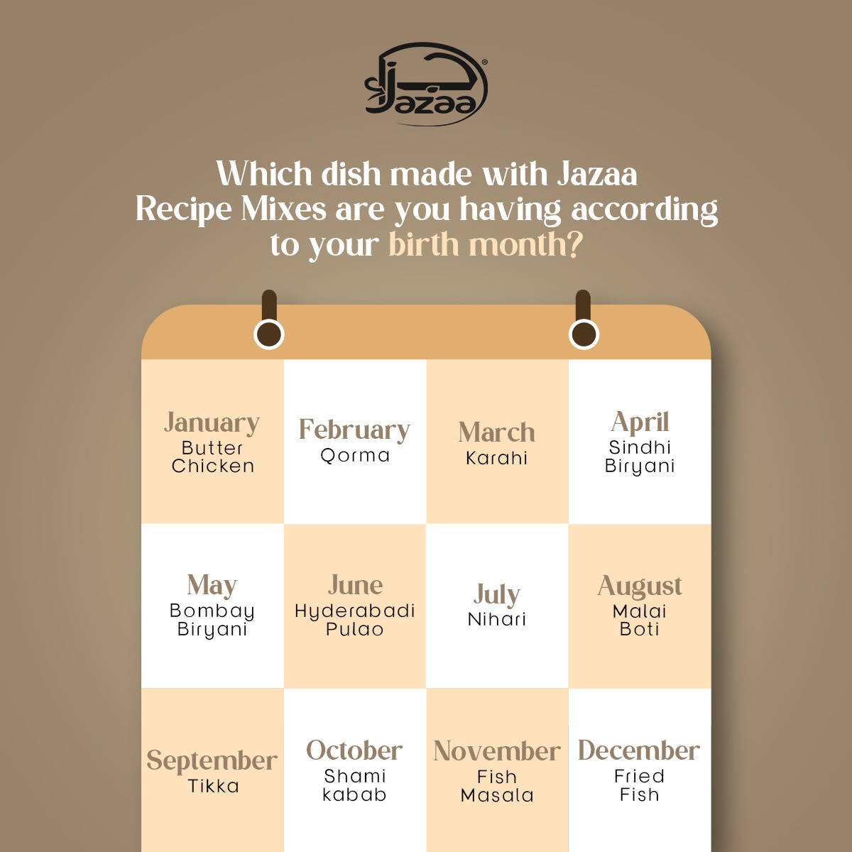 jazaaglobal's tweet photo. Let us know your lunch menu according to your birth month in the comments section below!

#Jazaa #JazaaGlobal #RecipeMixes #Lunch https://t.co/7Uj127yVr7
