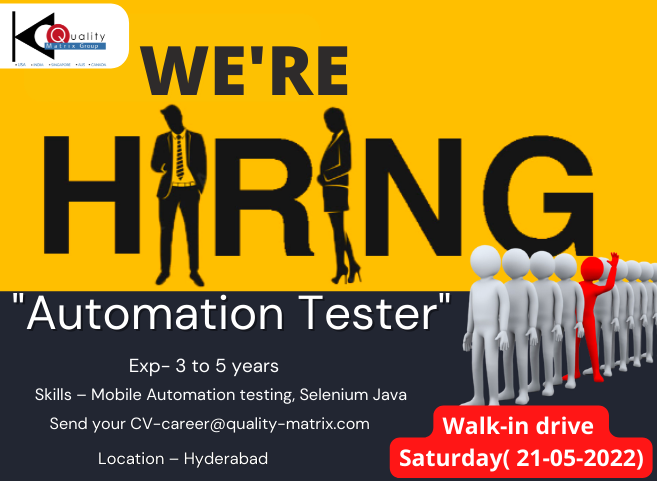 QualityMatrix's tweet image. @QualityMatrix
We are hiring ,Automation Tester ,Exp- 3 to 5 years 
Skills- Mobile Automation testing, Selenium Java 
Location- Hyderabad 
Send your CV 
carrer@quality-matrix.com
#AutomationTesting #automationtestingjobs #hyderabadnews #hyderabadjobs #hyderabadjobseekers