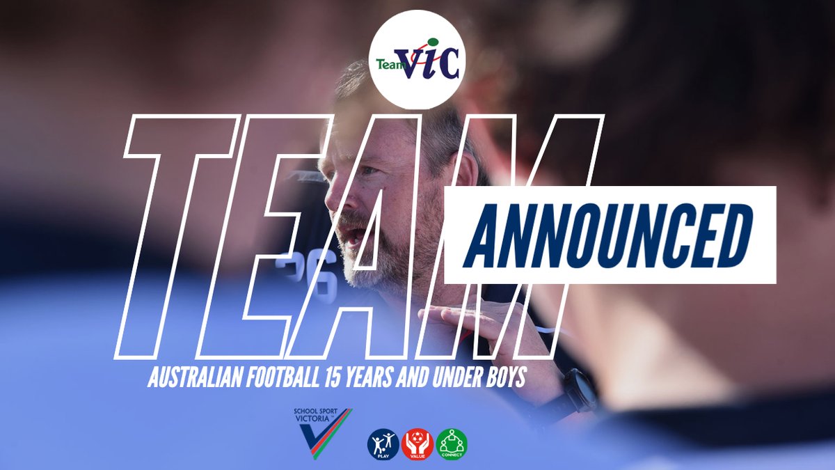 SchoolSportVic's tweet photo. Congratulations to the boys selected in the Team Vic Australian Football 15 Years and Under Team. 

If you see someone you know tag them in the post. 

You can see a full team list via this page of the SSV website: https://t.co/TiJqELnFJW

#TEAMVIC 
#PlayValueConnect https://t.co/ol5uKizzyg